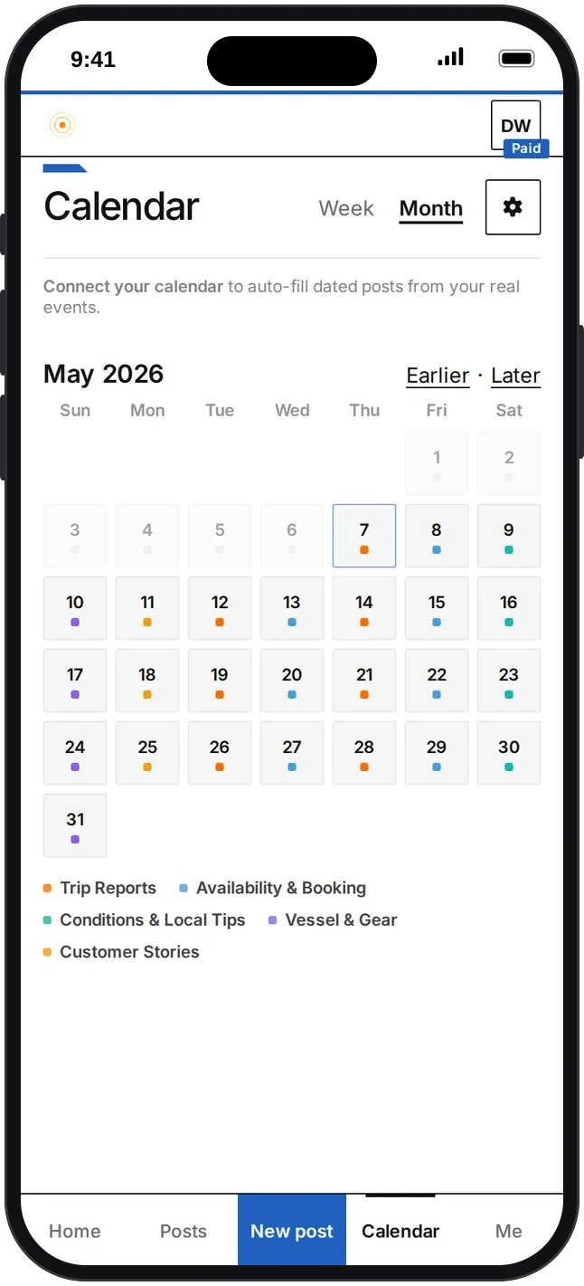 The posting calendar on a phone: a month of posts, each day coloured by its category