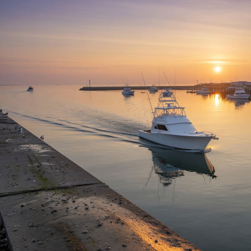 A white charter boat leaves the harbor at sunrise