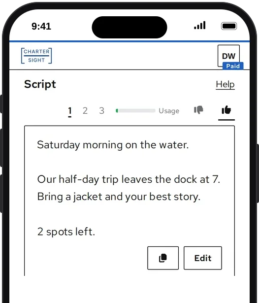 The draft for Saturday’s half-day trip on a phone, given a thumbs up