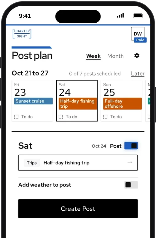 The posting week on a phone: Saturday’s half-day fishing trip picked, with Create Post