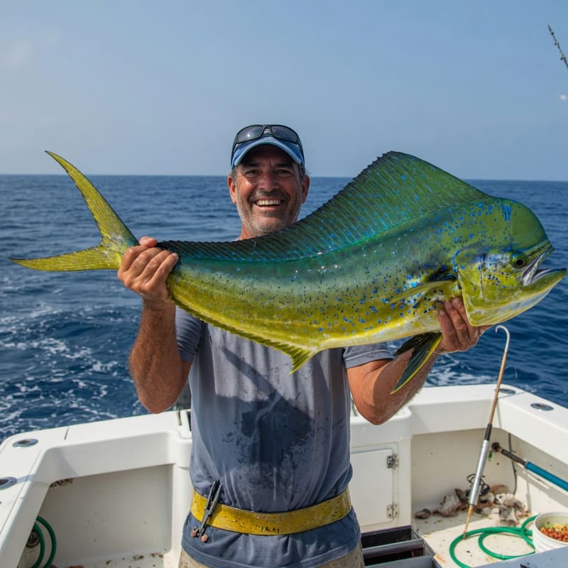 A smiling angler holds up a large mahi-mahi on deck