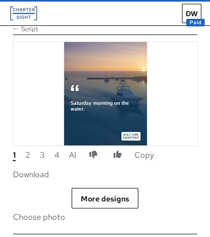 The half-day trip photo of the boat leaving the harbor at sunrise with the post’s first line over it and the shop name, design 1 of the 1 to 4 choices shown under the picture