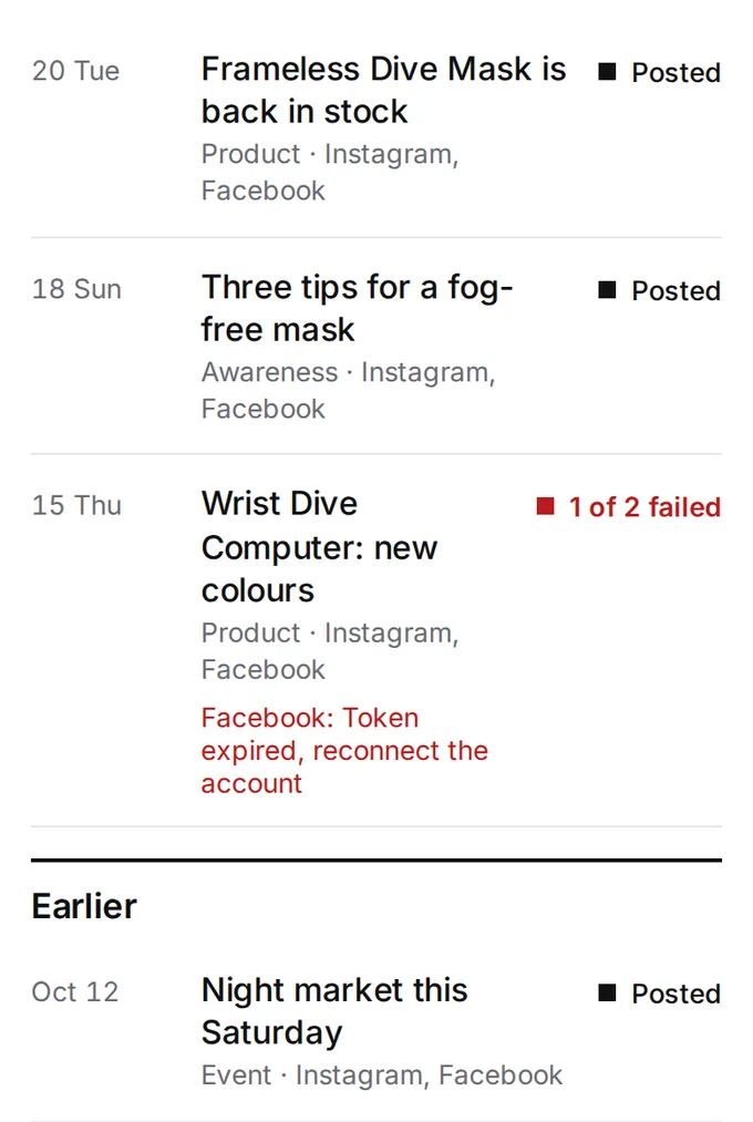 Post history: this week’s posts marked posted, one with 1 of 2 failed and the reason to reconnect the account